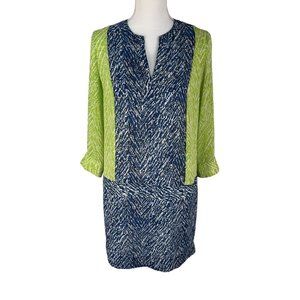 Etcetera Blue White Green Printed Long Sleeve Split Neck Sheath Dress 4